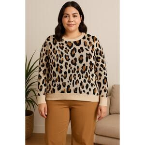 A New Day Leopard Print Sweater XL Beige Tan Black Crewneck Soft Knit Animal